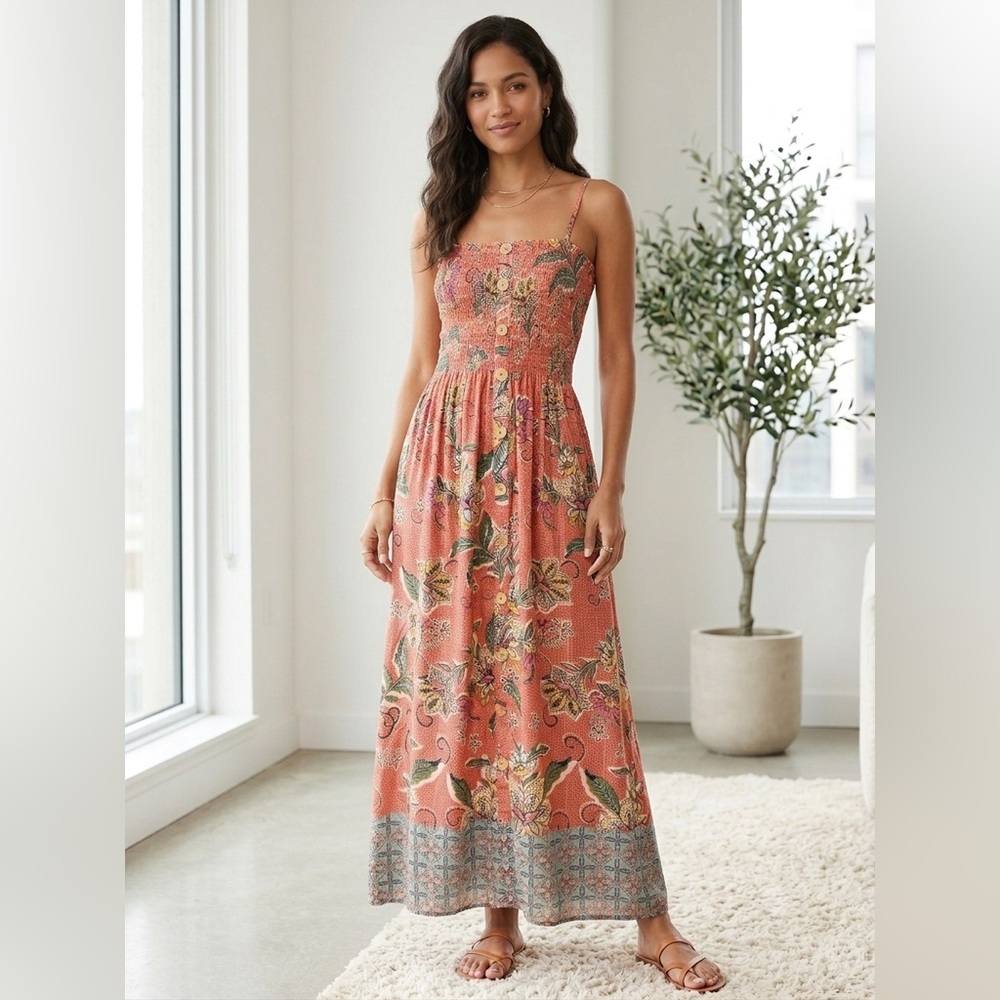 ANGIE Floral Smocked Maxi Dress Coral Boho Paisley‎ Button Front Small